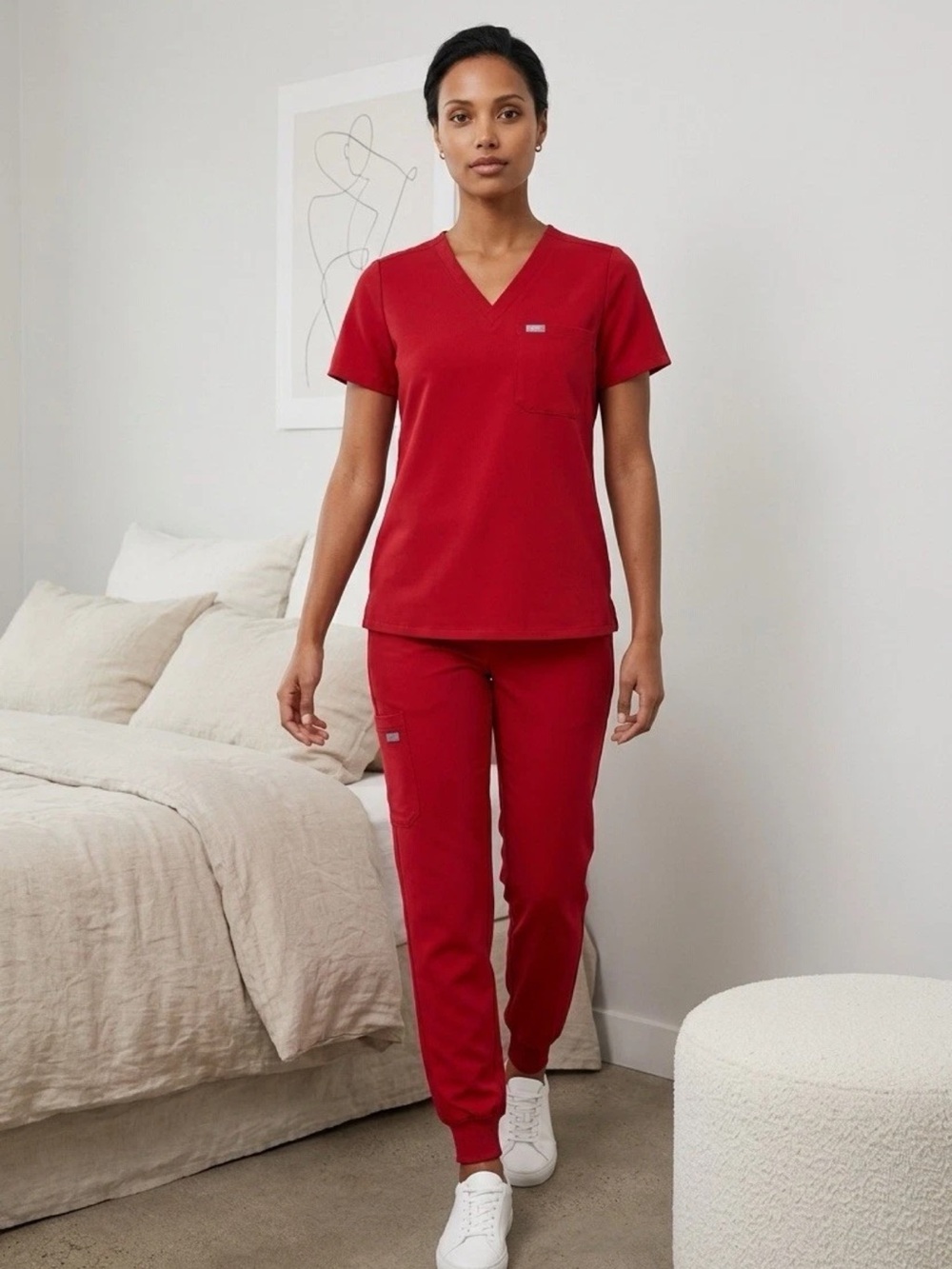 FIGS V-Neck Scrubs Top (M) Jogger Pants (LP) 17x26 Women’s 2 PC Set Red Petite